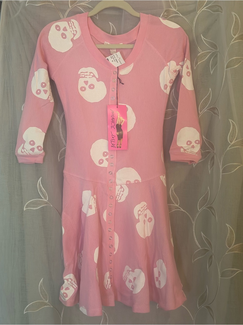 NWT Betsey Johnson Pink Skull Thermal Babydoll Dress P